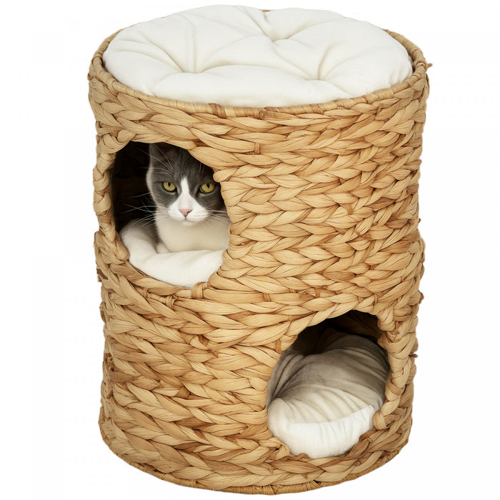 Arbre A Chat Pawhut Cat Condo Barrel, Tour A Deux Etages Avec Perchoir Superieur Et Deux Cachettes, Deux Entrees, Trois Coussins, Pour Chatons D'interieur, Brun Clair