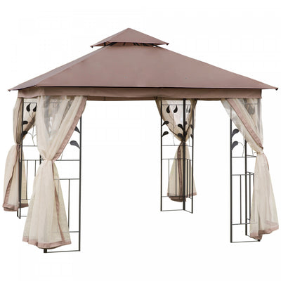 Outsunny 10'x10' Gazebo Canopy Outdoor Patio Sun Shelter Uv Protect W/ 2-tier Polyester Roof Curtain|Outsunny 10' X 10' Gazebo De Terrasse Exterieure Avec Toit En Polyester A 2 Niveaux, Parois Laterale