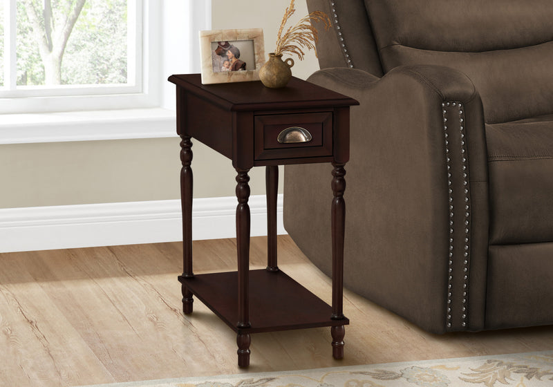 Table de bout, d’appoint et de nuit étroite de style traditionnel à 2 niveaux, avec tiroir de rangement et placages bruns pour la chambre à coucher