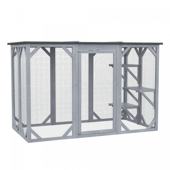 Pawhut 71\" X 31.5\" X 44\" Cage Pour Chats Interieur Exterieur Maison En Bois Pour Petits Animaux Clapier Pour Lapin, Chien, Chaton, Cage-canon Avec Toit Impermeable, Plates-formes A Plusieurs Niveaux
