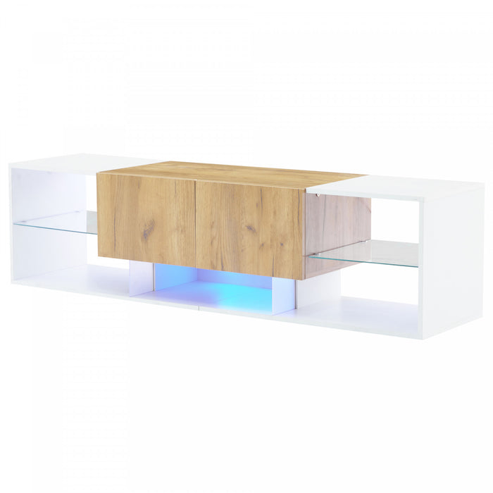 Lucas meuble TV moderne pour televiseurs jusqu’a 70 pouces – meuble avec tiroirs de rangement et eclairage LED, blanc