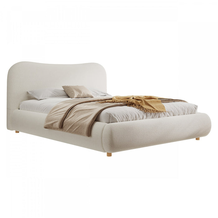 Lit plateforme Camille avec tete de lit incurvee et tapissage boucle luxueux, taille Queen, blanc