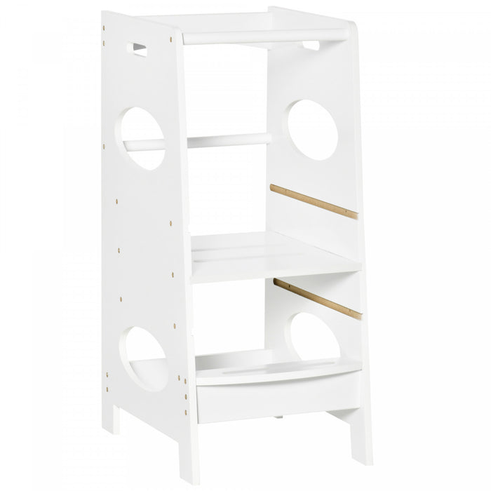 Homcom Tour D'apprentissage Enfants Tour D'aide De Cuisine Pedale Reglable 3 Niveaux Mdf 15.75\" X 19.75\" X 35.5\" Blanc