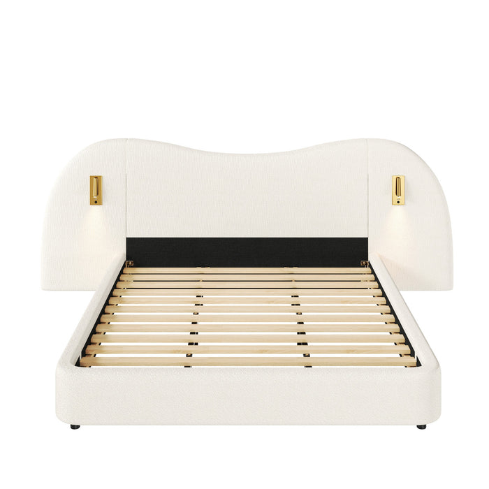Lit Garcia en boucle avec tete de lit en forme de nuage, lumieres de lecture integrees et ports USB, taille king, blanc