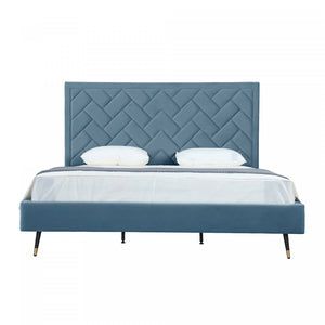 Lit king moderne Crosby en velours bleu capitonne