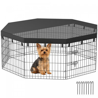 PawHut Dog Playpen, 8 Panels Foldable Dog Pen with Sunproof Top Cover, 8 Ground Stakes, 24"H Dog Fence for Indoor Outdoor, for Small and Miniature Dogs and Pets
