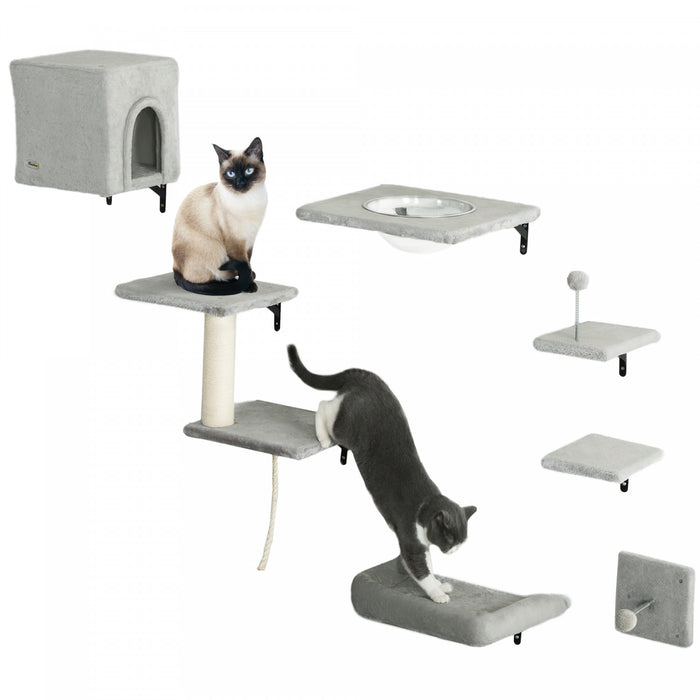 7 Pcs Cat Wall Shelves With House, Sisal Post Ladder, Grey