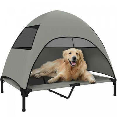 PawHut Outdoor Elevated Dog Bed with Canopy, Cooling Pet Lounger for Large Dogs, Washable Mesh, Steel Frame, Suitable for Camping & Garden, 41.7" x 29.9" x 39", Light Grey