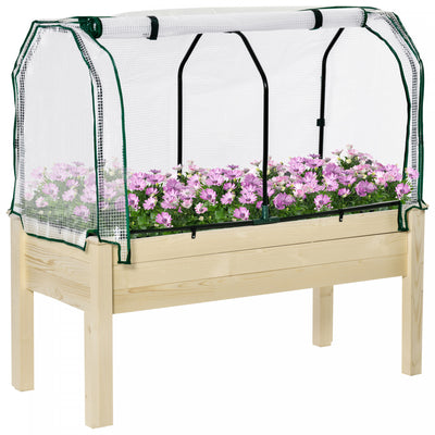 Outsunny Raised Garden Bed With Pe Greenhouse Cover Outdoor Elevated Wood Planter Box For Herbs And |Outsunny Jardiniere Sur Pieds Potager Dim. 48 X 22 X 46 Inch Bache Pe Enroulable Trous De Drainage I