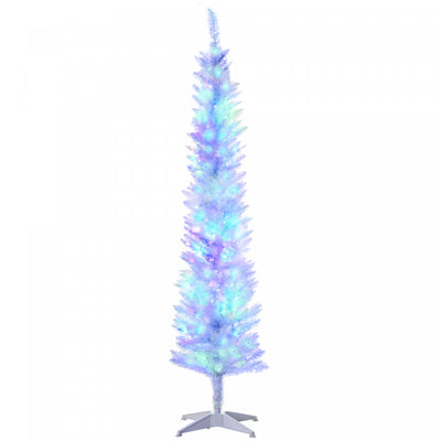 Homcom 6' Slim Artificial Christmas Tree With Colourful Led Lights, White|Homcom Sapin De Noel Artificiel De 6 Pi Avec Lumieres Led Colorees, Blanc