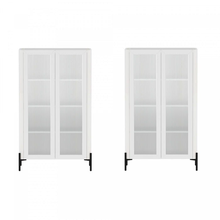 Armoire bibliotheque moderne Abbey 32\" en verre trempe blanc (4 etageres) - Lot de 2