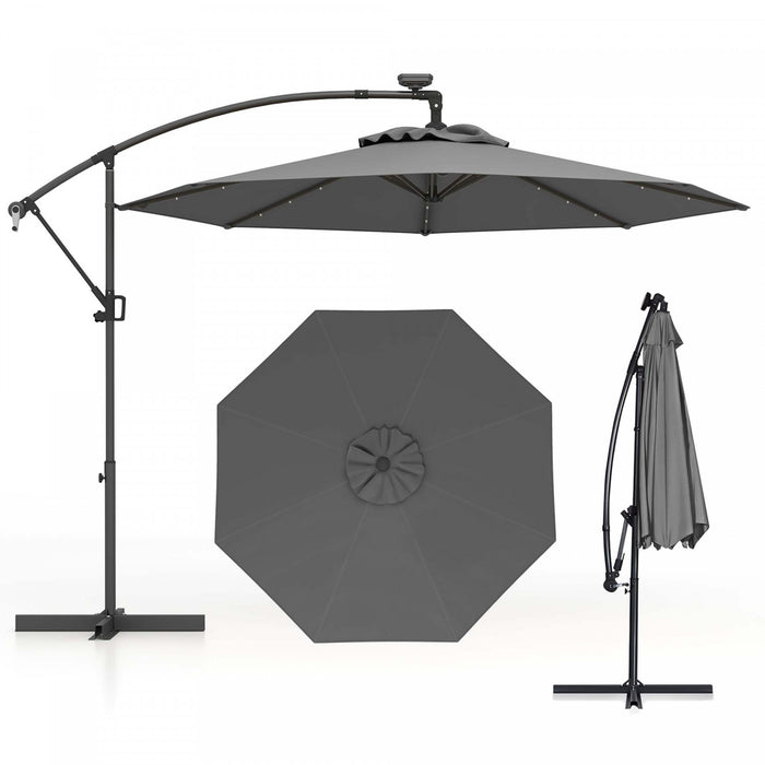 Parasol deporte Costway 10 pieds avec eclairage solaire LED, rotation 360°, gris