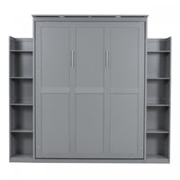 Lit Mural Escamotable Glenn En Bois Composite Avec Etageres Et Eclairage Led, Taille Queen - Gris