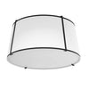 Plafonnier affleuré Trapezoid de Dainolite avec abat-jour cylindrique effilé noir et blanc qui diffuse la lumière, tissu blanc et 3 ampoules