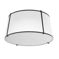 Plafonnier affleuré Trapezoid de Dainolite avec abat-jour cylindrique effilé noir et blanc qui diffuse la lumière, tissu blanc et 3 ampoules