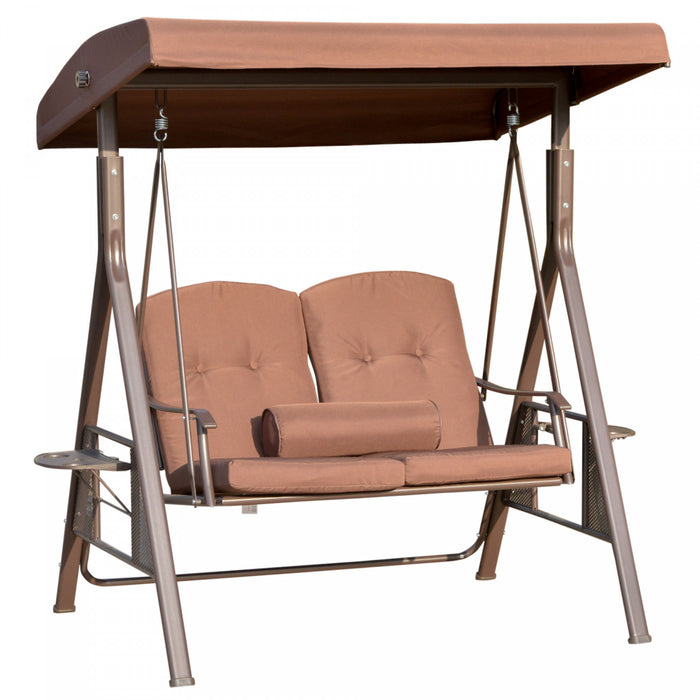 Outsunny Balancelle De Jardin Balancoire De Terrasse Pour 2 Personnes Avec Pare-soleil Reglable, Coussins Moelleux, Coussin Et Plateau Pour Patio, Bord De Piscine, Cour, Marron