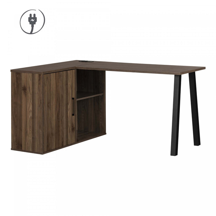 Bureau d’ordinateur en forme de L Zolten avec multiprise - noyer naturel