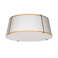Plafonnier affleuré Trapezoid de Dainolite avec abat-jour cylindrique effilé doré et blanc qui diffuse la lumière, tissu blanc et 4 ampoules