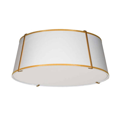 Dainolite Trapezoid 4 Light Flush Mount Tapered Drum Shaped Gold/White Shade White Fabric Diffuser Lamp|Plafonnier affleuré Trapezoid de Dainolite avec abat-jour cylindrique effilé doré et blanc qui diffuse la lumière, tissu blanc et 4 ampoules