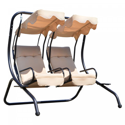 Outsunny Luxury Porch Swing Metal Outdoor Swing Chair 2 Separated Seater Hammock Heavy-duty With Can|Outsunny Luxury Metal Swing Chair Hamac 2 Places Separees Robuste Avec Auvent Et Coussins, Beige