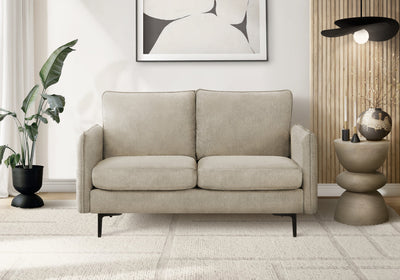 Upholstered Love Seat, 58" L, Beige Fabric, Black Metal Legs Loveseat | Causeuse Rembourre, 58" L, Tissu Beige, Pieds En Metal Noir