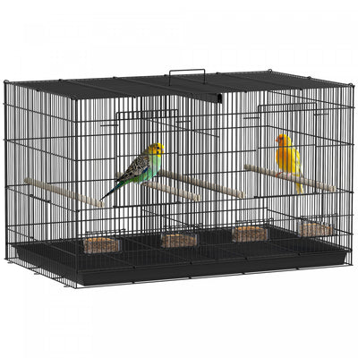 PawHut 18" H Bird Cage, Parakeet Cages for Budgie, Lovebird, Canary, Finches with Divider, 4 Wooden Perches, Slide Out Tray, 4 Feeders, Black