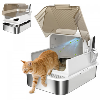 PawHut Extra Large Stainless Steel Cat Litter Box, XXL Enclosed Kitty Litter Box with Flip Lid & Scoop, Easy Clean, No Odours, Leak-Proof, for All Breed Sized Cats, White