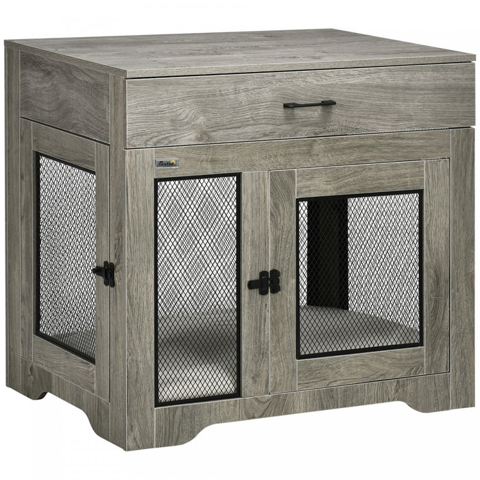 Pawhut Cage Pour Chien Avec Coussin, 2 Portes, Table D'appoint Avec Rangement, Cage D'interieur Pour Chiens De Petite Et Moyenne Taille, Gris