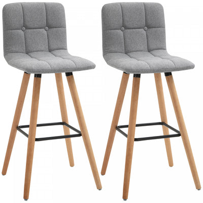 HOMCOM Bar Stool Set of 2 Upholstered Kitchen Stool w/ Wood Legs, Grey