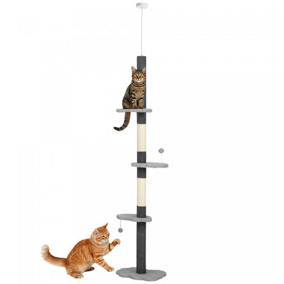 PawHut Floor to Ceiling Cat Tree with Scratching Posts, 88.5"-100.5" Adjustable Height Cat Tower with Cloud Shaped Platforms, Dangling Balls, Grey