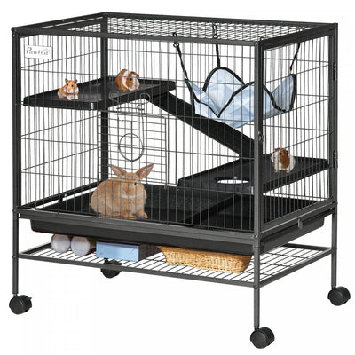 Pawhut Small Animal Cage With Wheels, Pet Playpen For Ferrets, Chinchillas, Guinea Pigs, Kittens, Wi|Pawhut Cage Pour Petits Animaux Avec Hamac, Cage Pour Furet A 3 Niveaux Avec Etagere De Rangement, C