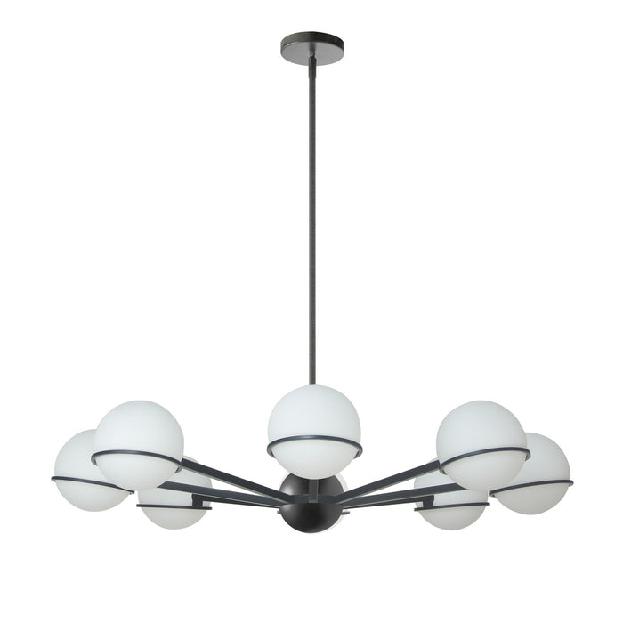 Lustre Sofia de Dainolite en verre blanc opale, avec fini noir mat et 8 ampoules