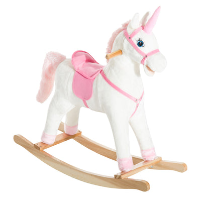 Qaba Kids Plush Toy Rocking Horse Unicorn With Realistic Sounds, White & Pink|Qaba Cheval A Bascule Peluche Licorne Avec Sons Realistes, Blanc Et Rose