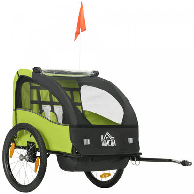 Aosom 2-Seat Bike Trailer for Kids, Baby Bicycle Trailer with Storage Bag, 5-Point Harness, 20" Rubber Wheels, Safety Flag, Reflectors, Shock Absorber System, for 18+ Months, Green