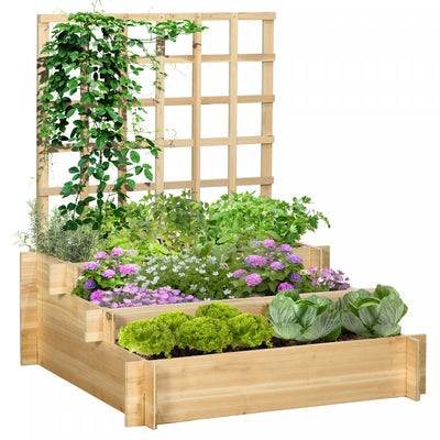 Outsunny 3 Tier Raised Garden Bed With Trellis For Climbing Plants, Wooden Elevated Planter Box For |Outsunny Lit De Jardin Sureleve De 3 Niveaux Avec Treillis Pour Les Plantes Grimpantes, Boite Elevee