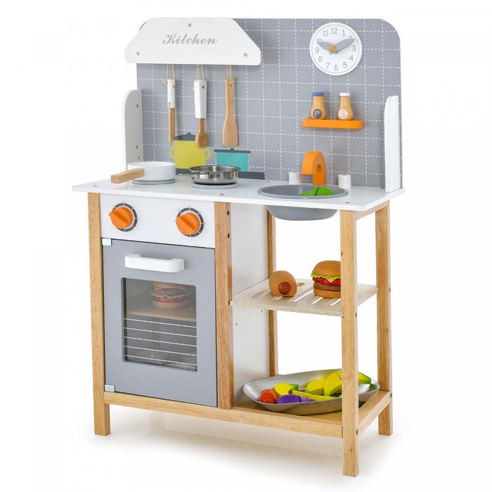 Cuisine Pour Enfants En Bois Avec Etageres De Rangement, Accessoires De Cuisine, Horloge Mignonne Et Son Realiste, Jeu De Cuisine D'imitation Pour Tout-petits, Cadeau Pour 3+ Ans