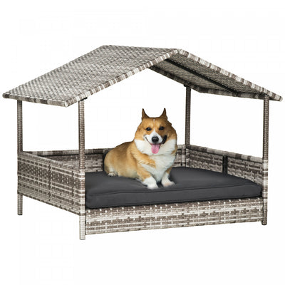 Pawhut Elevated Rattan Dog House Outdoor With Canopy, Wicker Dog Bed With Water-resistant Cushion, F|Pawhut Lit Pour Chien En Rotin Sureleve Pawhut Lit De Chien En Osier Exterieur Meubles Pour Animaux