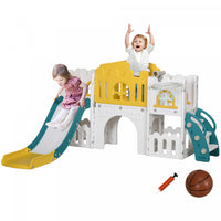 Qaba Toboggan 7 En 1 Pour Enfants Avec Panier De Basket, Grimpeur, Telescope, Tunnel, Volant, Allee,