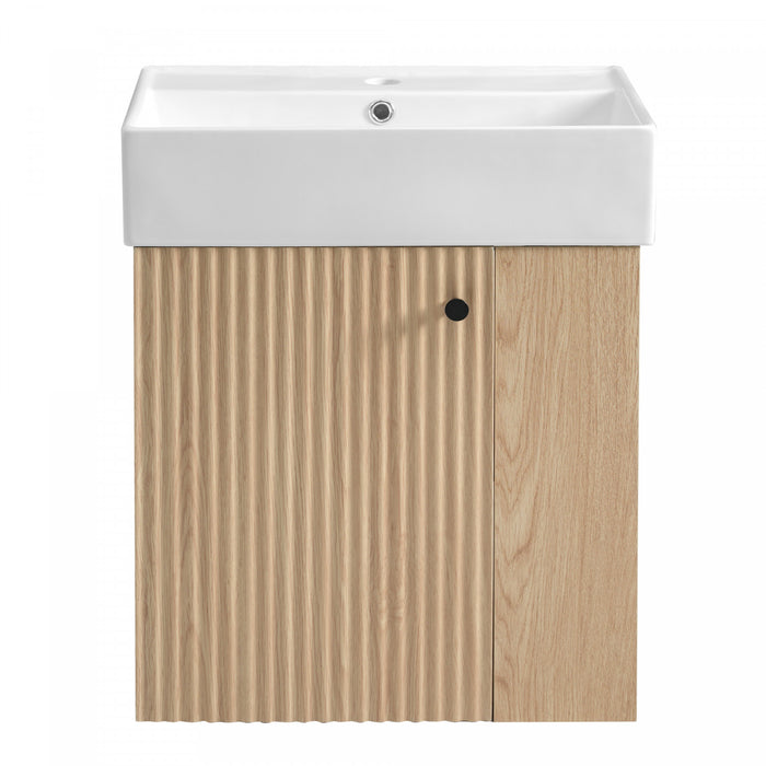 Camille Meuble de salle de bain flottant avec vasque en ceramique et rangement cote droit, Naturel