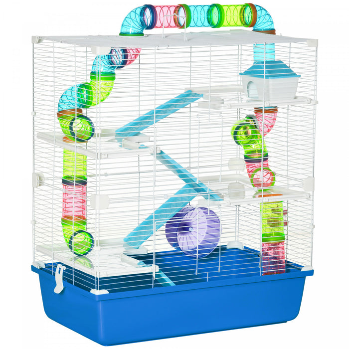Pawhut Cage Pour Hamster Extra Large 23\" Avec Tubes Et Tunnels, Poignees De Transport, Maison Pour Rats, Design A 5 Niveaux, Avec Roue D'exercice, Bouteille D'eau, Plat De Nourriture, Bleu