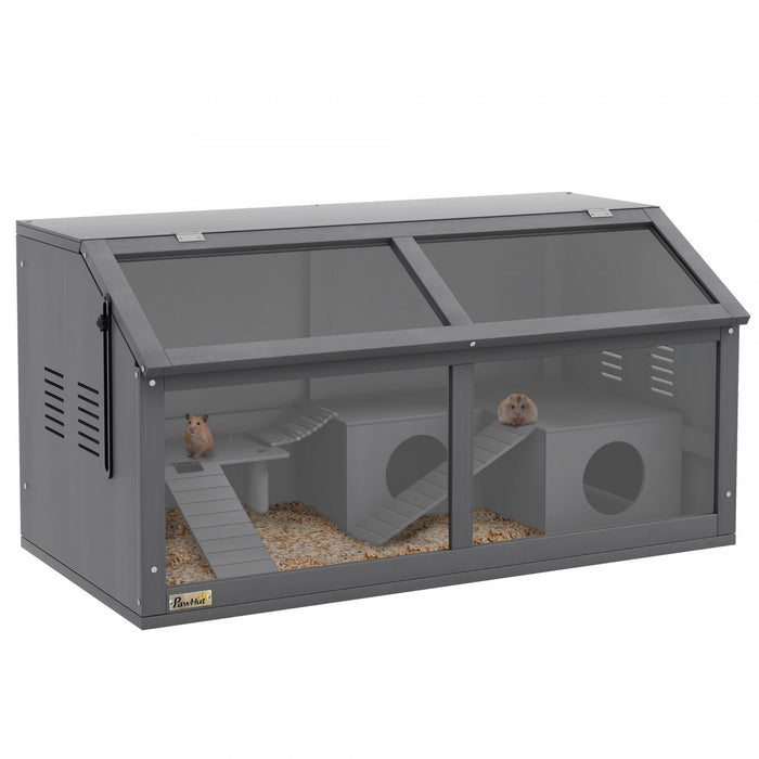 Pawhut Cage En Bois Pour Hamster, 33,5\"l, Cage Pour Petits Animaux Pour Hamster Nain Syrien, Gerbilles, Souris Avec Pont Suspendu, Echelles, Dessus Ouvrant, Plate-forme, Gris