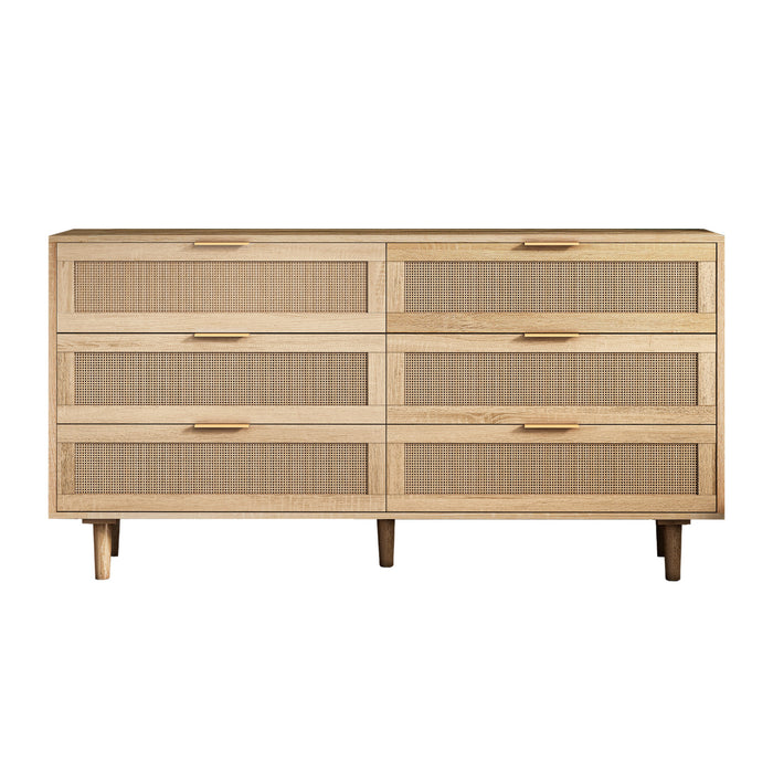 Meuble de rangement moderne Mila a 6 tiroirs en rotin avec structure en bois manufacture - couleur naturelle