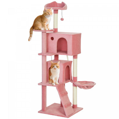 PawHut Cat Tree, 63 Inch Multi-Level Large Cat Tower with Sisal Scratching Posts, Condos, Plush Perches, Hammock, Ladder, Dangling Balls, for Indoor Kittens, Pink