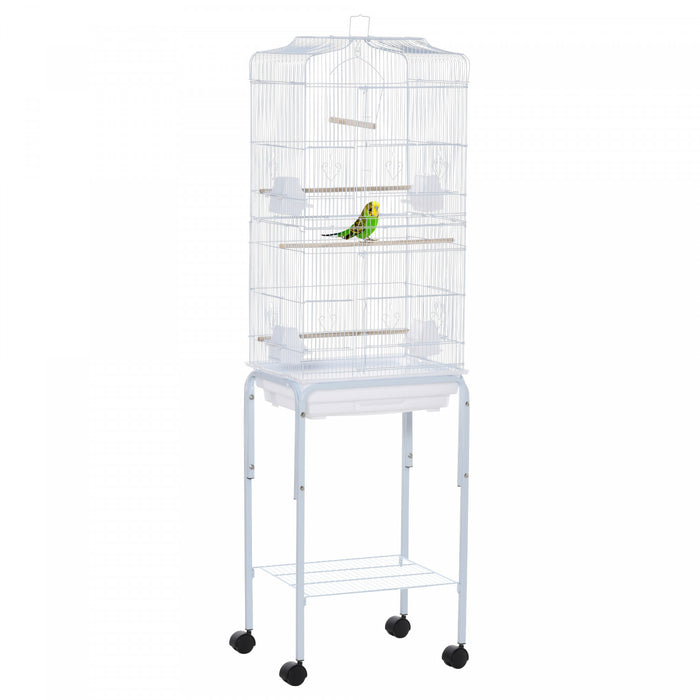 Pawhut 62\" Cage Pour Oiseaux Cacatoes Maison De Jeu Pinson Fournitures Pour Animaux Avec Roues Blanches