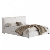  Lit plateforme Mason en tissu melange de lin avec tete de lit rembourree a coussins, taille king, blanc