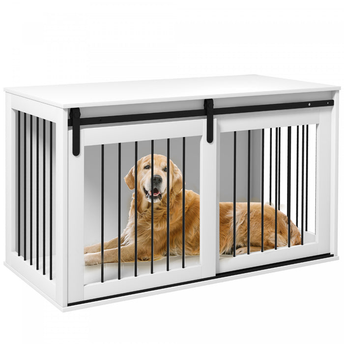 Pawhut Meuble De Cage Pour Chien, 47\", Table D'appoint, Niche D'interieur Pour Chiens De Tres Grande Taille, Avec Porte Coulissante, Serrure, Blanc