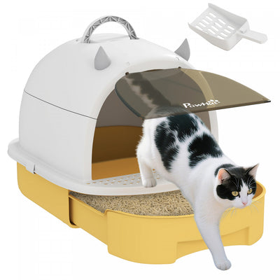 PawHut Cat Litter Box with Lid, Drawer Style Enclosed Kitty Litter Box with Front Door Flap, Scoop, Handle, Easy Clean, Cat Litter Tray for Small and Medium Cats, Yellow