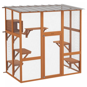 Pawhut Catio Enclos D'exterieur Pour Chat En Bois Avec Toit Resistant Aux Intemperies, Pont, Boite De Repos, Plates-formes Pour 2 Chatons, Orange