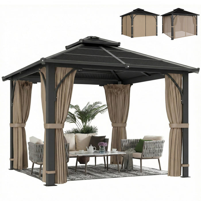 Outsunny Tonnelle 3 x 3 m avec Toit Rigide en Polycarbonate et Rideaux, Kaki
