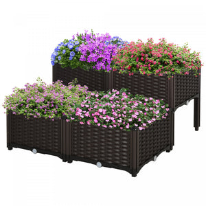 Outsunny Jardiniere Sur Pieds Carre Potager 2 Etages Dim. 80l X 80l X 44h Cm Insert Dirrigation Plastique Imitation Rotin Tresse Chocolat
